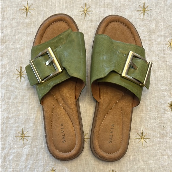 Salvia Shoes - Green Suede Slide Sandals with Buckle